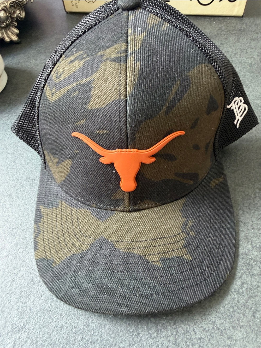 Texas Long horns Black Camo Trucker Hat with Orange Longhorn Accent UT
